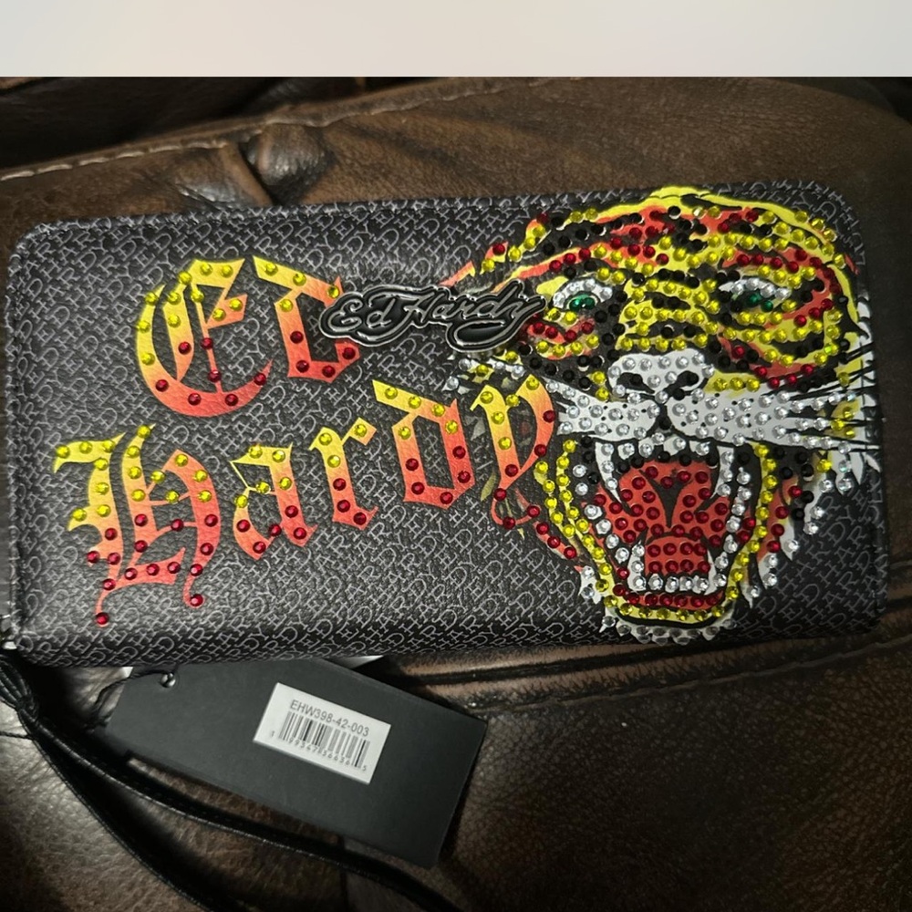Ed Hardy Embellished Tiger Zip Wallet - Black with Yellow & Red